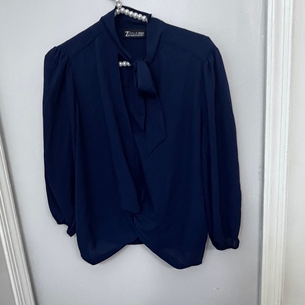 New York & Company Dark Blue Long Sleeve Tie neck Blouse Size: Small